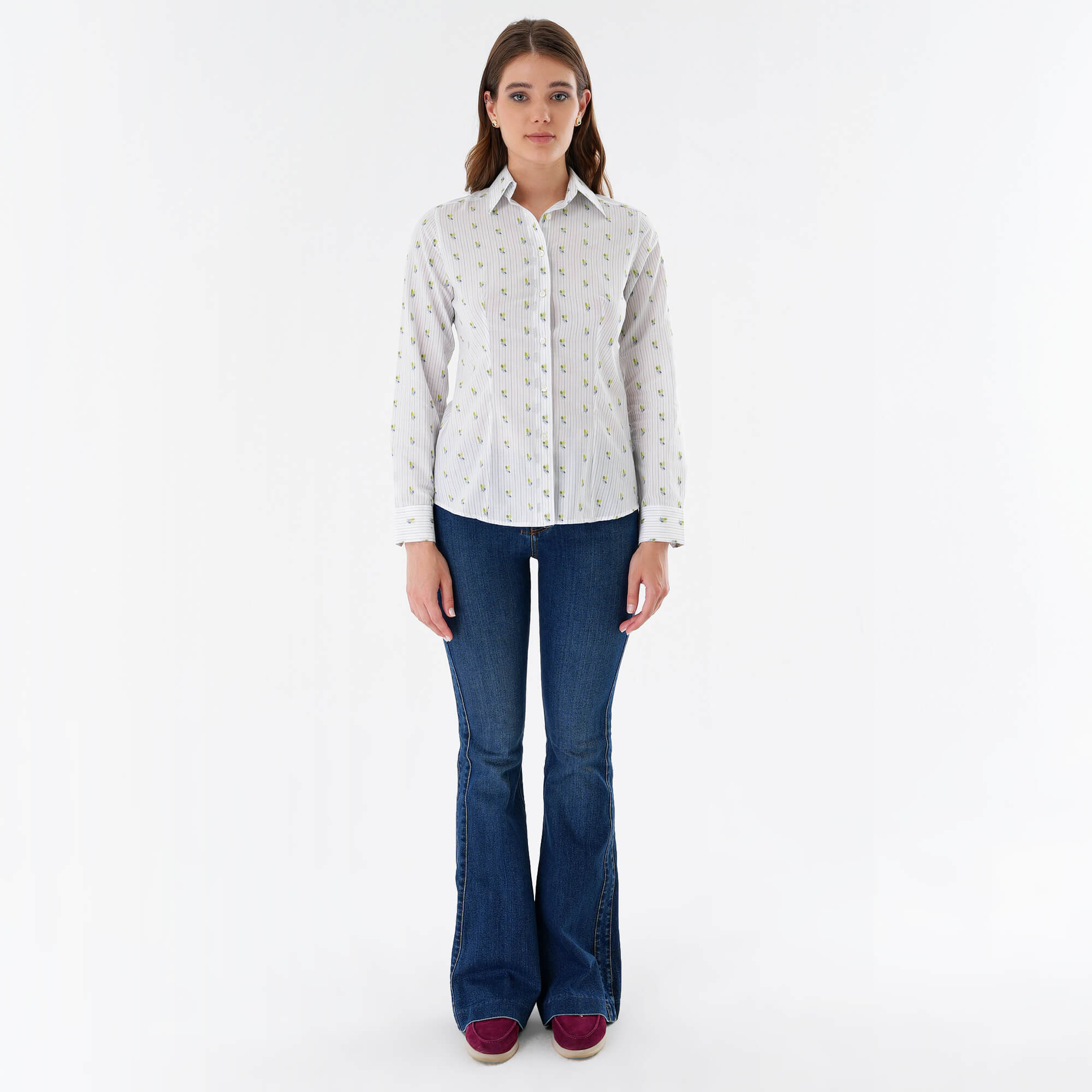 Etro - Navy  & White Striped Flower Printed Cotton Blended Shirt IT44